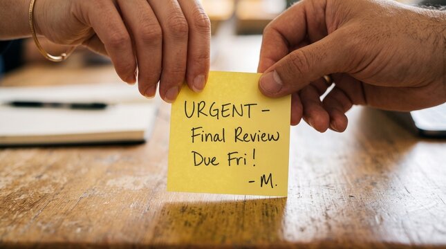 Urgent message about final review due on Friday exchanged between two hands at a workspace