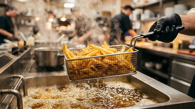Golden crispy french fries lifted from deep fryer. Freshly fried potato sticks emerging in commercial kitchen oil bath.