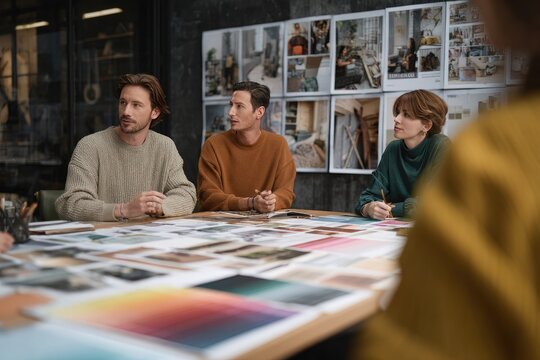 Diverse Marketing Team Collaborates on Mood Board in Modern Office