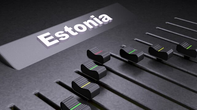 Estonia text on professional audio mixer console, sound board faders moving for music production, digital mixing desk in recording studio