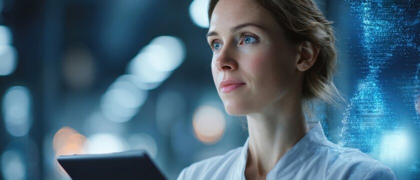 Female scientist analyzes complex digital data on a tablet, informing critical digital wealth strategy development and asset protection.