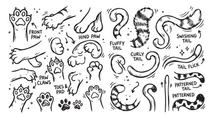A variety of hand drawn illustrations depicting animal paws, paw prints, and different styles of tails. © Devynee Studio