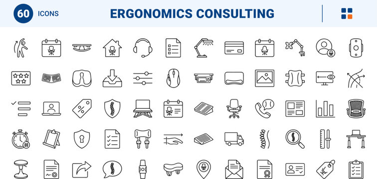 Ergonomics Consultant line icon set. Vector pictograms of office furniture, physical health, workplace safety, and posture evaluation elements, thin linear illustration.