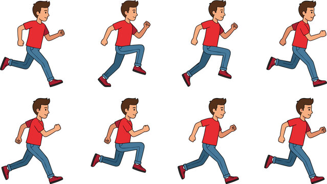 Cartoon Boy Running Animation Sprite Sheet with Sequenced Frames of a Guy Jogging for Game Design and Motion Layouts
