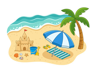 Naklejka premium A colorful summer beach scene with a sandcastle blue umbrella palm tree and ocean waves.