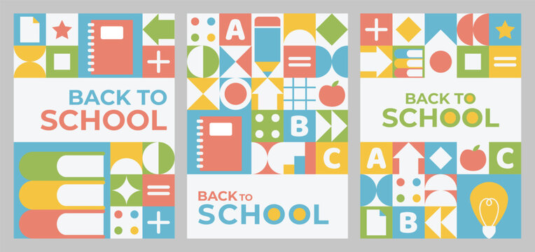 Modern back to school poster collection featuring geometric educational elements, colorful layouts. ideal for classroom promotions, stationery branding, social campaigns.