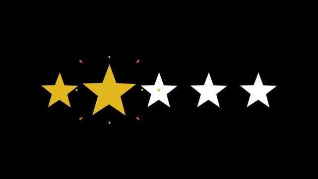 Five star rating animation with thank you text appearing and disappearing on a black background for customer feedback and review presentation with simple motion graphics