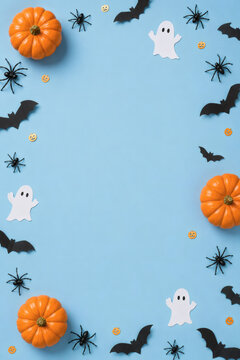 Halloween Holiday Elements: A whimsical arrangement of classic Halloween motifs including playful ghosts, spooky bats, and tiny pumpkins scattered around a light blue backdrop with golden confetti.