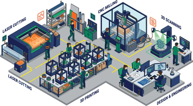 Isometric Fab Lab and Digital Fabrication Workshop Vector Illustration with 3D Printing Laser Cutting CNC Milling and Engineering Stations