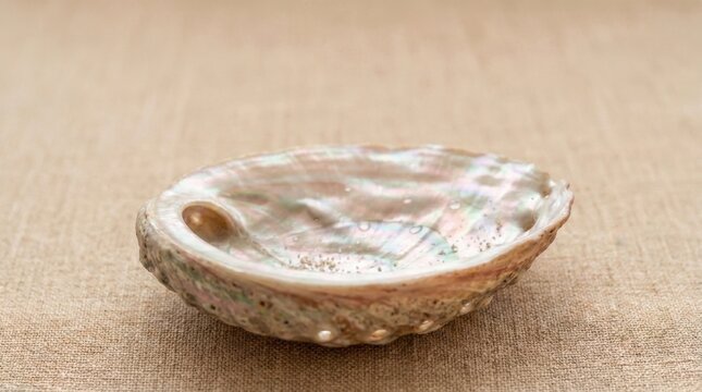 A close-up of an iridescent abalone shell resting on a textured beige fabric surface.