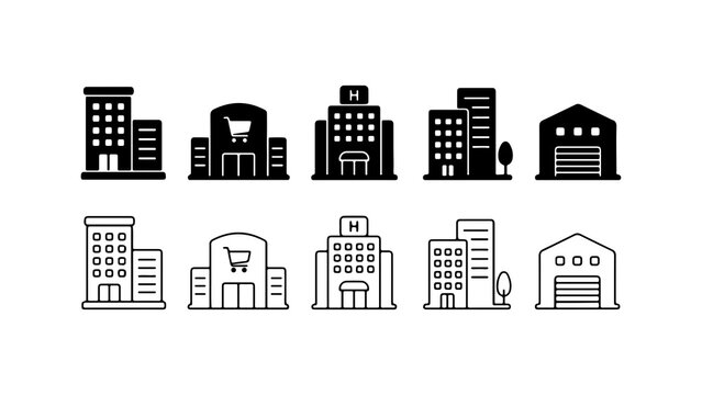 Building and Infrastructure Icon Set in Silhouette and Outline Style