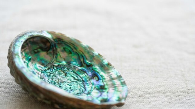 Close-up of a colorful, iridescent abalone shell resting on a textured fabric surface.