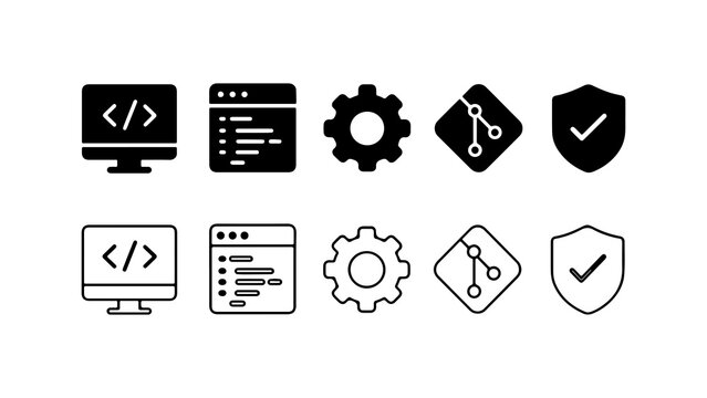 Software Development Icons Set in Solid Silhouette and Outline Styles