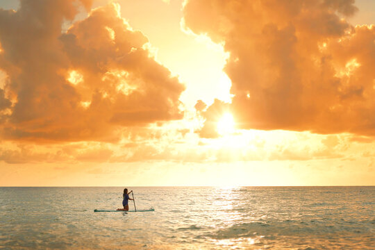 Woman paddle boarding on the ocean at sunset