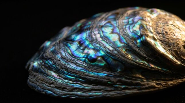 A close-up image of an iridescent abalone shell showcasing vibrant blue, green, and purple hues with intricate textured patterns on a black background.