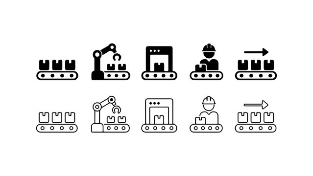 Conveyor Belt Manufacturing Process Icon Set in Silhouette and Outline Style