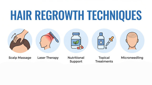 Hair regrowth techniques overview covering scalp massage laser therapy nutritional support topical solutions and microneedling for thinning hair in clinical education