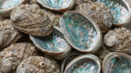 Obraz premium A close-up of a pile of abalone shells showcasing their rough outer surfaces and iridescent inner layers.