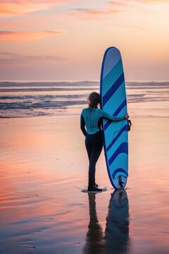 Woman surfer in wetsuit with surfboard on Imsouane beach at sunset