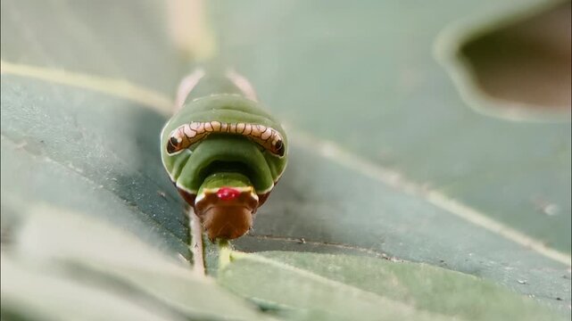 Front-facing macro of a Common Mormon butterfly caterpillar extending red osmeterium organ when disturbed. Lepidoptera species, scientifically named Papilio polytes, belongs to Papilionidae family.