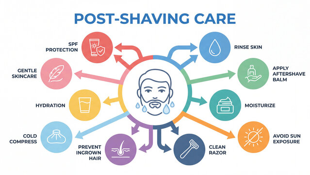 Post shaving skincare routine guide covering rinsing aftershave balm moisturizing sun protection and ingrown hair prevention for mens grooming education