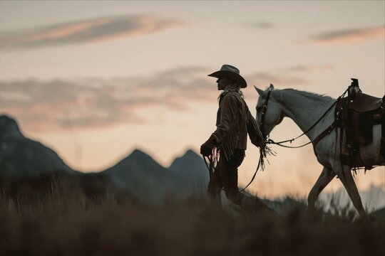 Silhouette of cowgirl leading horse in mountains