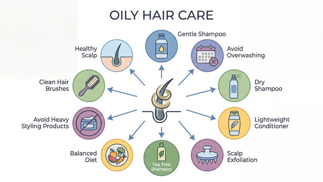 Oily hair care routine guide for managing excess scalp oil with gentle cleansing washing habits and daily grooming practices in beauty and wellness education