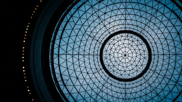 Abstract spherical dome ceiling architecture with grid framework, abstract