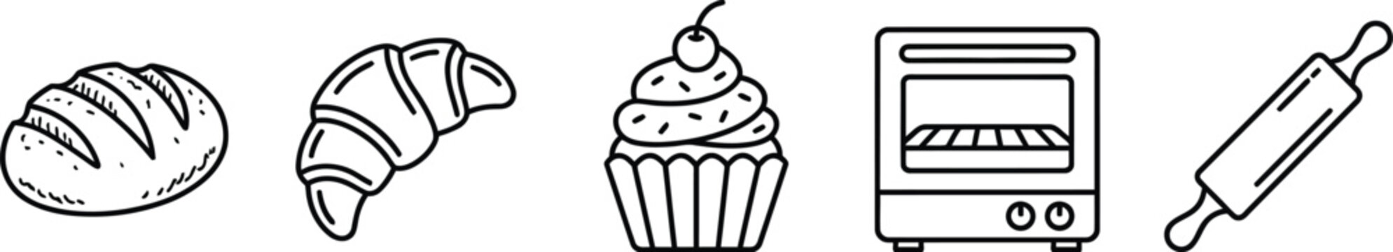 Set of Linear Bakery Icons Featuring Bread Pastry Oven and Tools