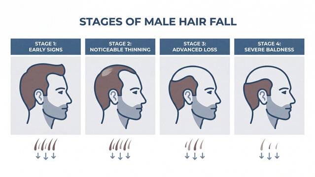male hair fall stages from early signs to severe baldness with shedding indicators for progression tracking in trichology education