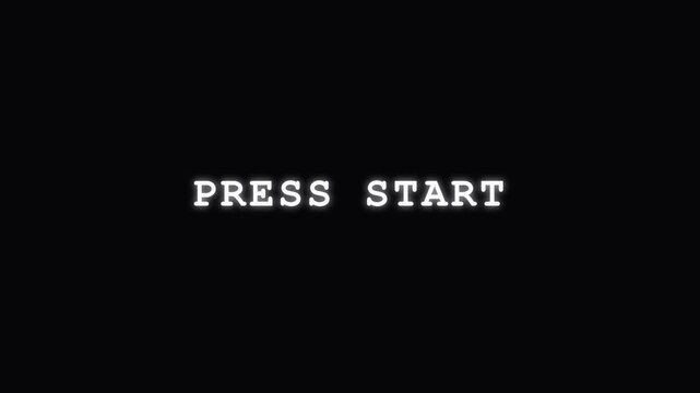 Retro Video Game Title Screen with Press Start Text Glowing on Black Background.