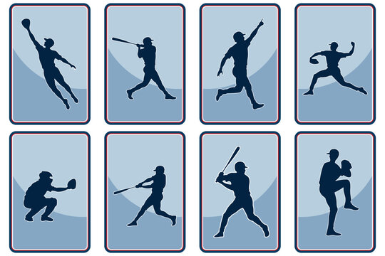 Set of baseball athlete cards featuring batting pitching catching and fielding