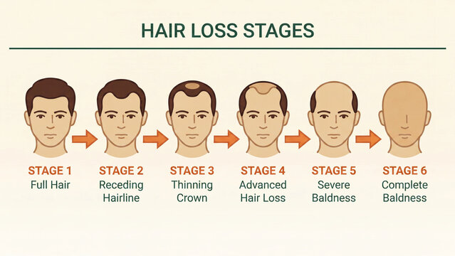 Baldness progression reference showing hairline recession crown thinning and complete hair loss for patient counselling and clinic consultation material