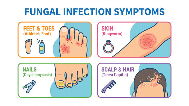 Common fungal infection presentations affecting feet skin nails and scalp with visual signs for early identification and antifungal care in health education