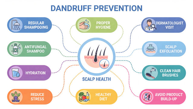 Dandruff prevention methods covering shampoo choice hygiene hydration diet stress control and dermatologist care for flake free scalp in wellness education