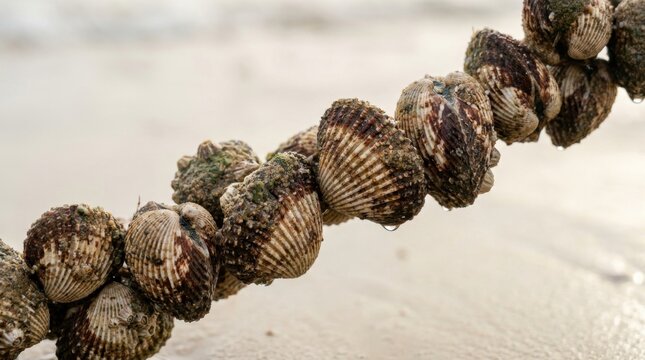 A close-up of a rope covered with barnacles hanging over a sandy beach background.