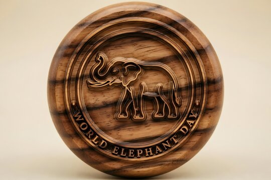 World elephant day wooden medallion with elephant relief sculpture, elephant