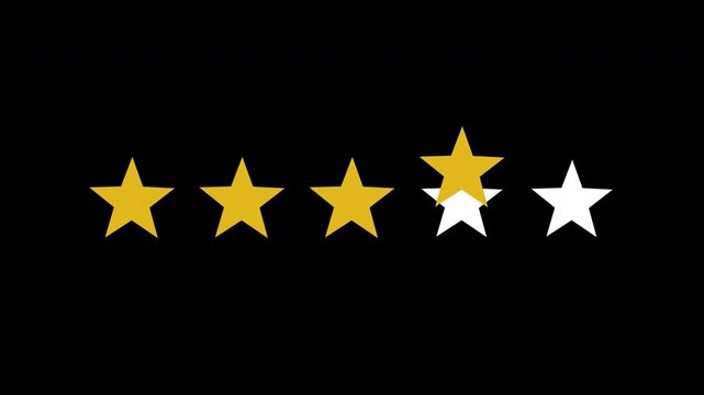 Simple five star rating animation with gold stars appearing and disappearing on a black background for alpha channel compositing in customer review and feedback videos