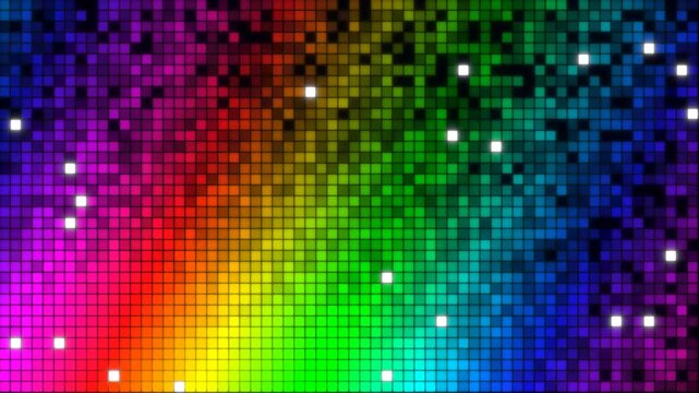 Vibrant Rainbow Disco Ball Grid Background Animation with Glowing Particles.