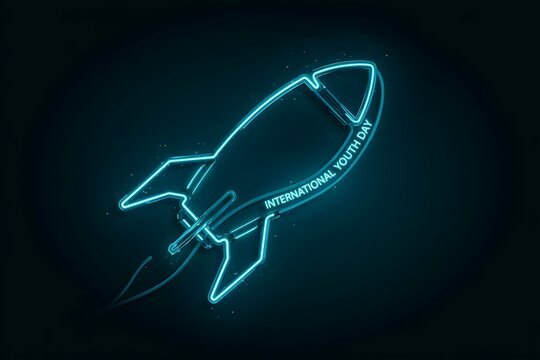 International youth day neon rocket symbol on dark background with aspiration