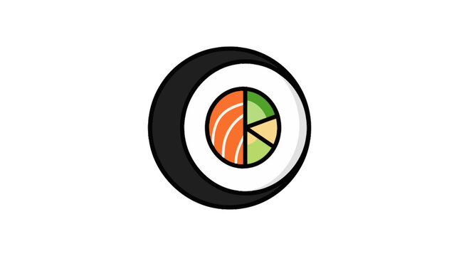 A stylized graphic illustration of a sushi roll designed as a colorful pie chart