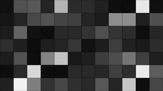 Abstract monochrome pixel grid animated background with flickering grey and white squares.