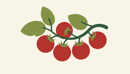 Obraz premium Charming bunch of ripe red cherry tomatoes on a green leafy vine is illustrated on a minimalist off-white background.