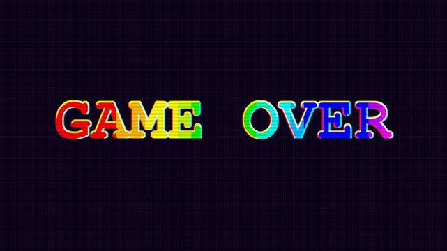 Glitchy Game Over Retro Text Animation With Vivid Neon Colors On Dark Background.