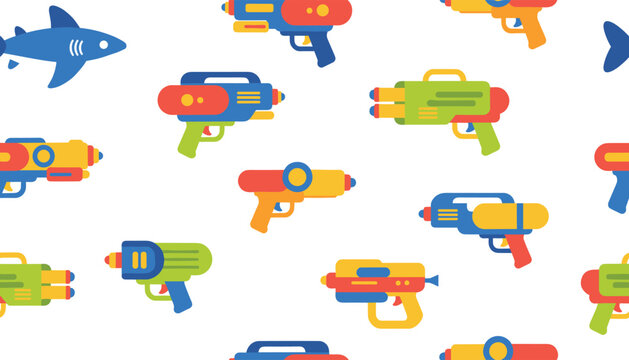Fun seamless pattern of colorful toy water guns and a cute blue shark perfect for summer kids pool party backdrop.