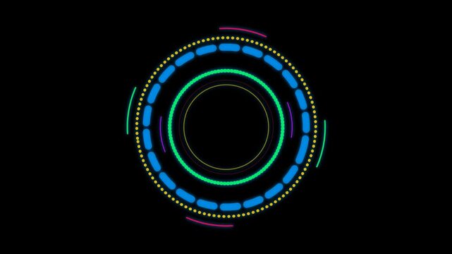 Futuristic HUD interface with rotating neon rings and digital technology data elements.