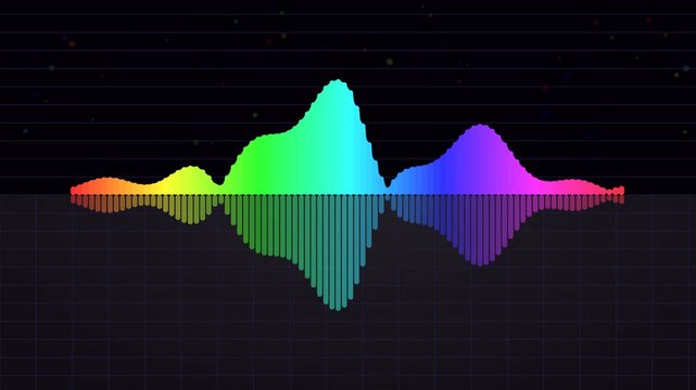 Colorful sound wave audio equalizer visualizer graphic loop animation against a dark background.