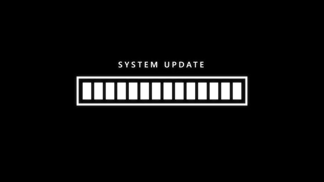 Retro pixel art style system update loading bar animation on black background.