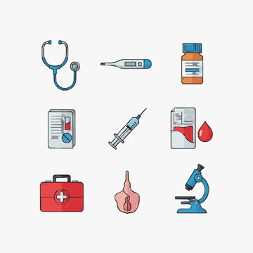 Minimalist Flat Icons Set Featuring Medical Tools Stethoscope Thermometer Pills Bottle Medical Chart Syringe Blood Test First Aid Kit Ear Microscope