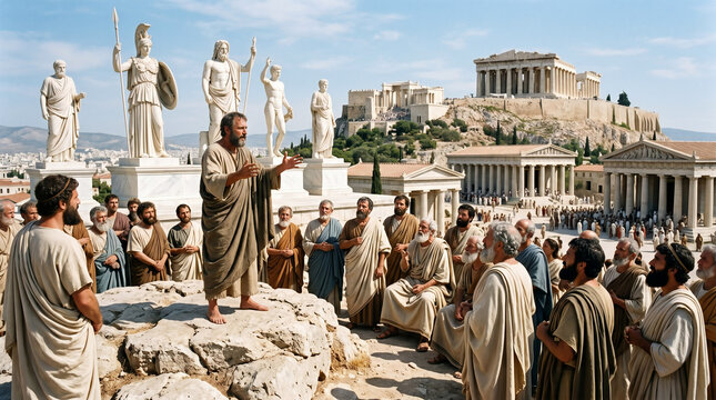 Apostle Paul preaching boldly at the Areopagus (Mars Hill) in Athens, surrounded by Greek philosophers and marble statues